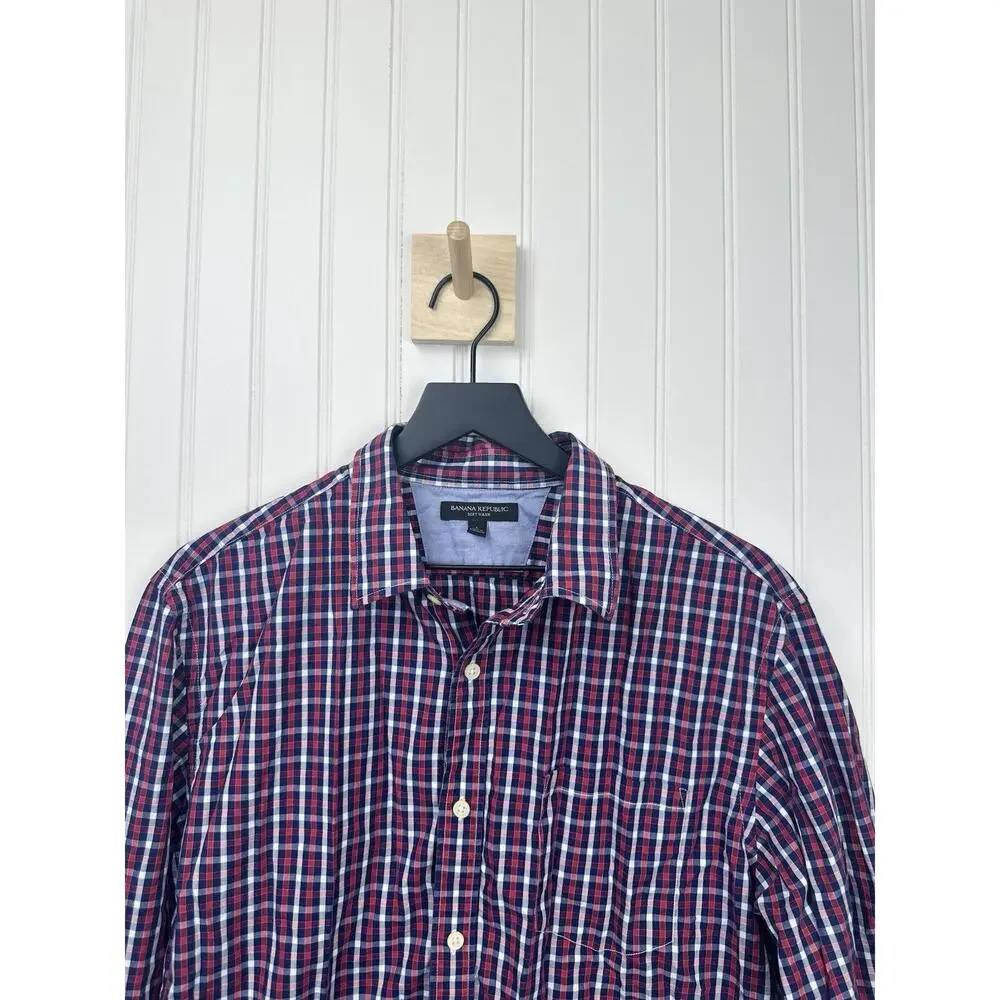Banana‎ Republic Button Front Men L Red Blue Gingham Soft Wash Cotton Workwear